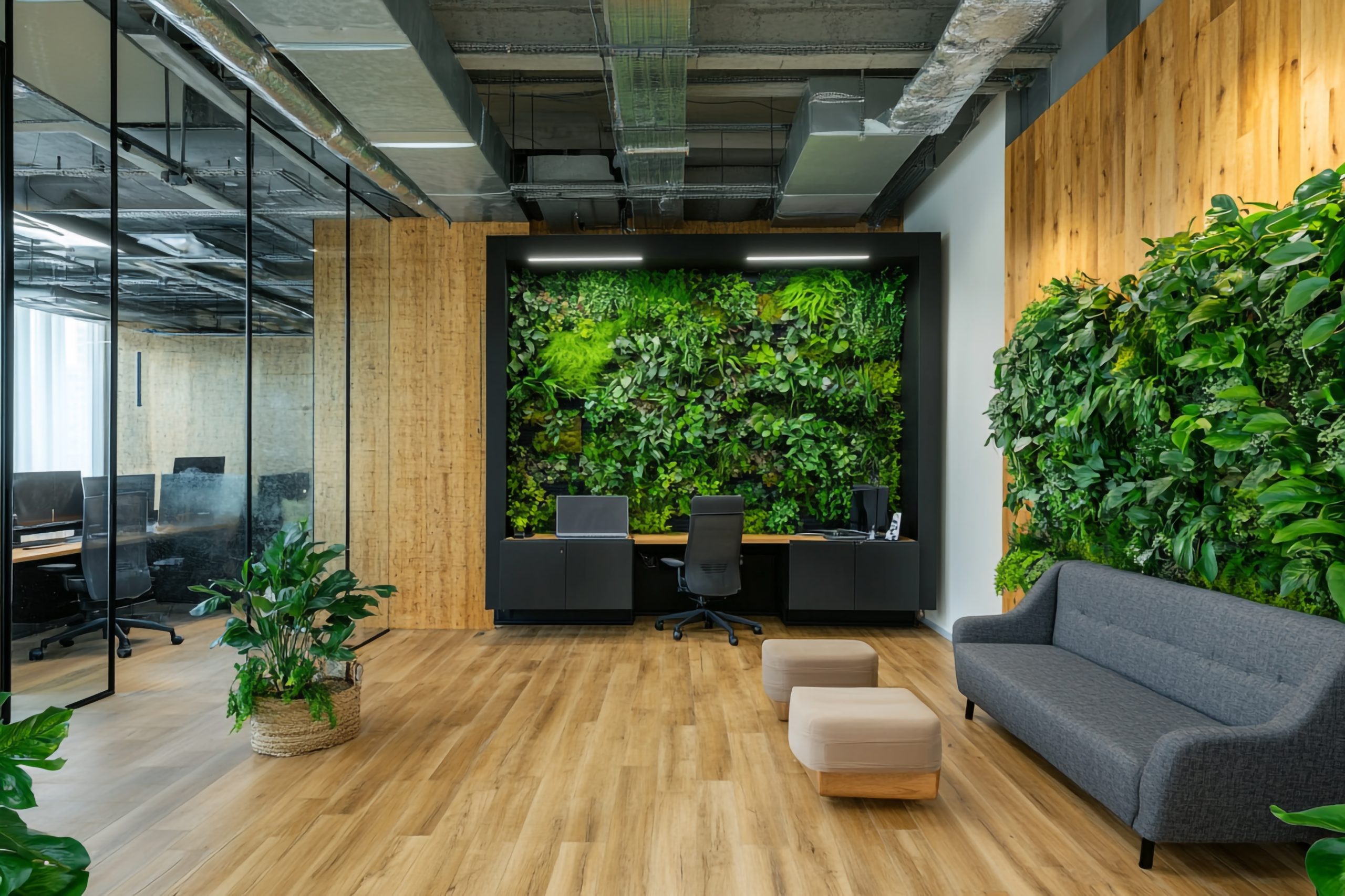 Modern office interior with green wall and comfortable seating